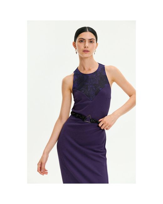 Monosuit Purple Sleeveless Crew Neck Backless Lace Belted Bodycon Evening Midi Dress Politically Correct