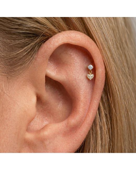 Zahav Jewelry Metallic 14K Solid 18G 8Mm Dangle Heart With Round Cz Internally Threaded Flat Back Stud
