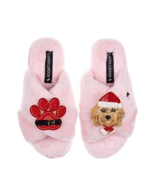 Laines London Pink Classic Slippers With Christmas Golden Cavapoo & Paw Brooches