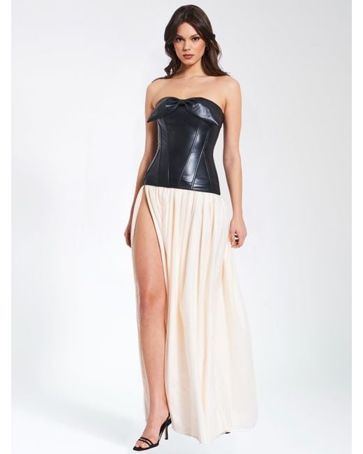 Miss Circle New York White Maayan Vegan Leather Corset High Slit Drop Waist Maxi Dress