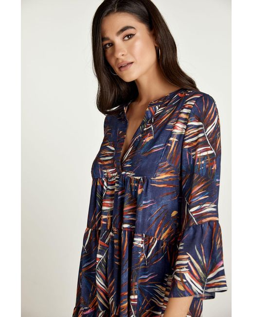 Conquista Blue Leaf Print A Line Dress With Bell Sleeves