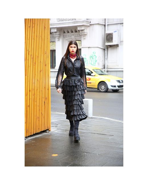 Silvia Serban Black Eco Leather Skirt With Ruffles & Adjustable Length