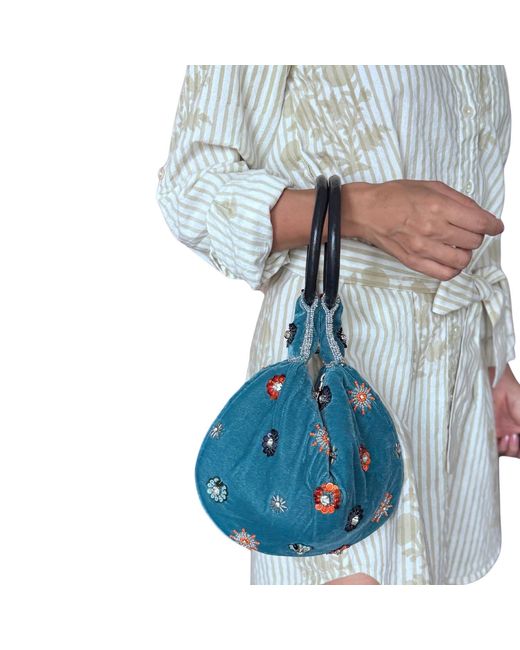 Pick Happy Blue Wrist Velvet Purse Beaded Flowers
