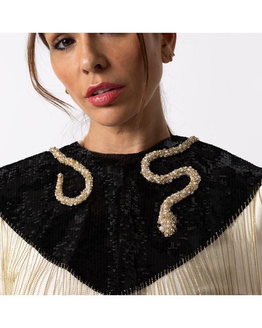 Laines London Black Hand Beaded Crystal & Pearl Snake Tassel Cape