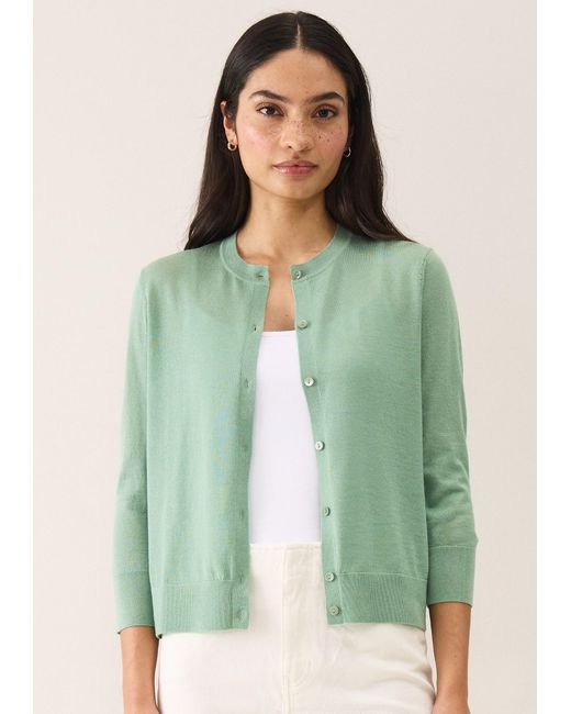 Loop Cashmere Green Three Quarter Sleeve Crew Neck Cardigan