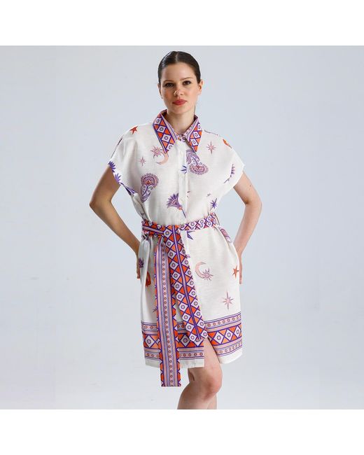 LOVEIST STORE Purple Morocco Linen Blend Belted Shirt Dress