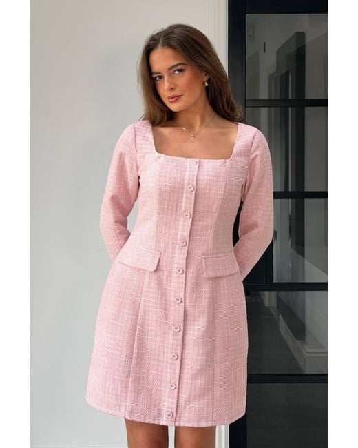 Girl In Mind Pink Flora Long Sleeve Tweed Mini Dress