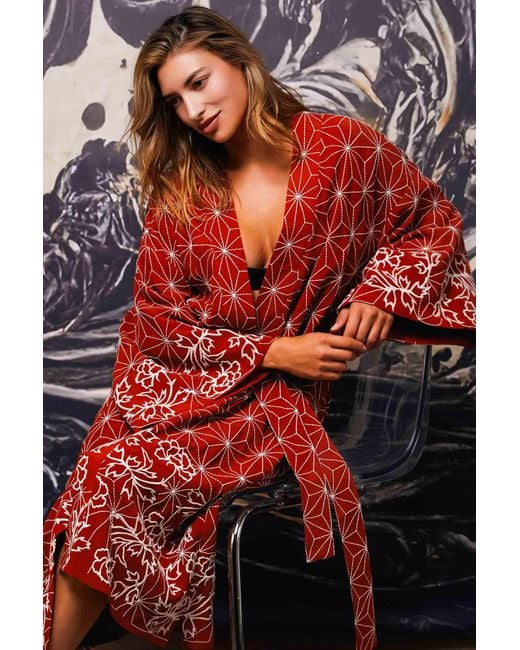 Artemis Muse Asanoha & Peony Embroidered Terracotta Fully Lined Long Kimono