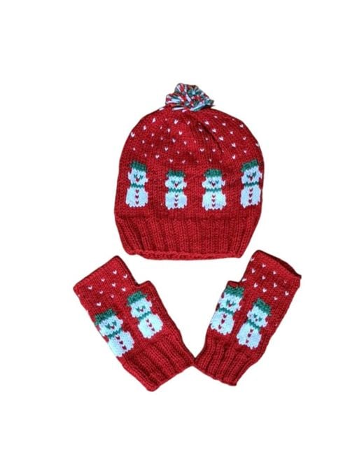 Springmoonatelier Red Handmade New Year Wool Hat And Glove Set