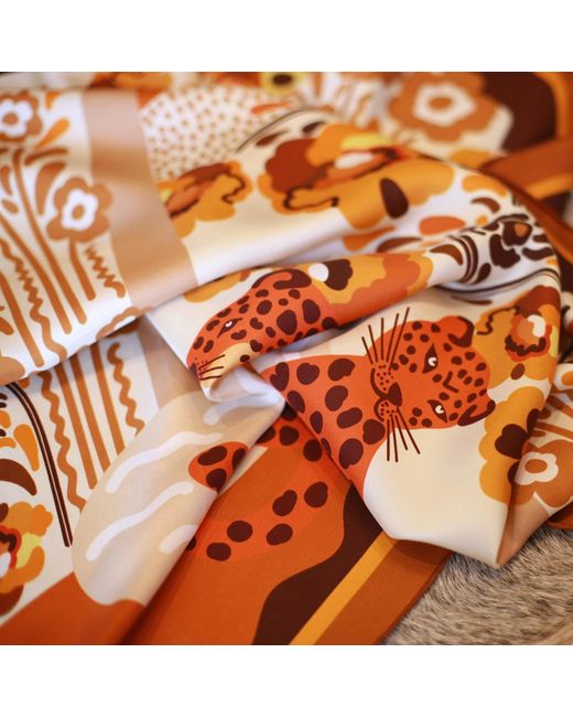 Jessie Zhao New York Brown Double Sided Silk Scarf Of Leopards With Floral Fountain
