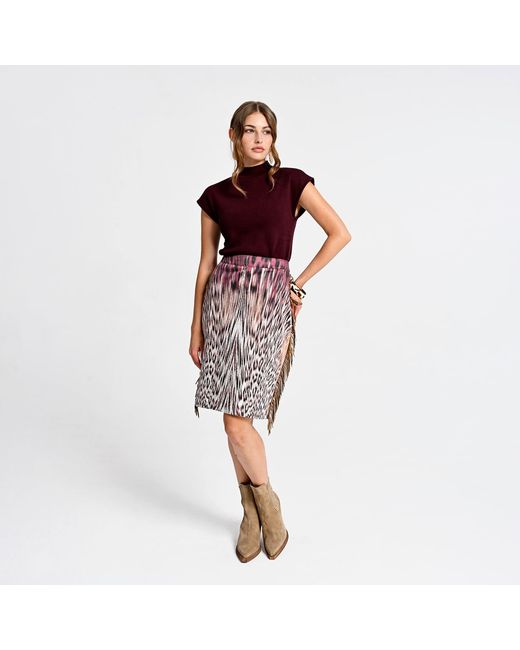 Lalipop Design Purple Pencil Skirt With Animal Print And Fringe Details