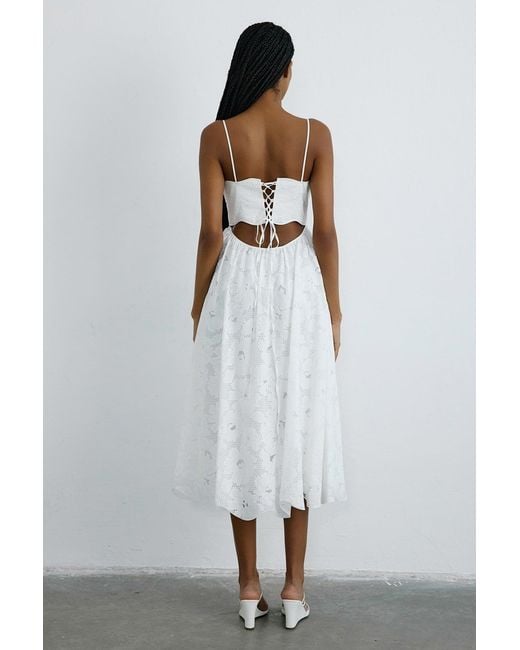 Rue Les Createurs White Thin Strap Midi Flared Dress