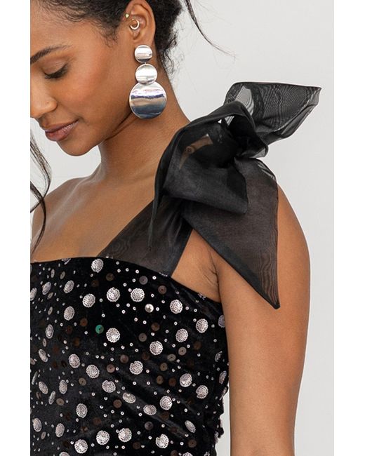 Zetaye Black Lydia Sequin One Shoulder Bow Dress