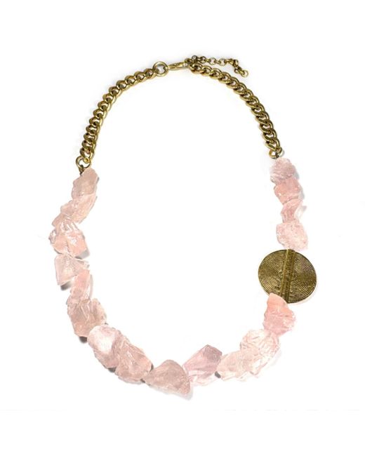 Rachel Nathan Pink Raw Rose Quartz & Brass Medallion Necklace