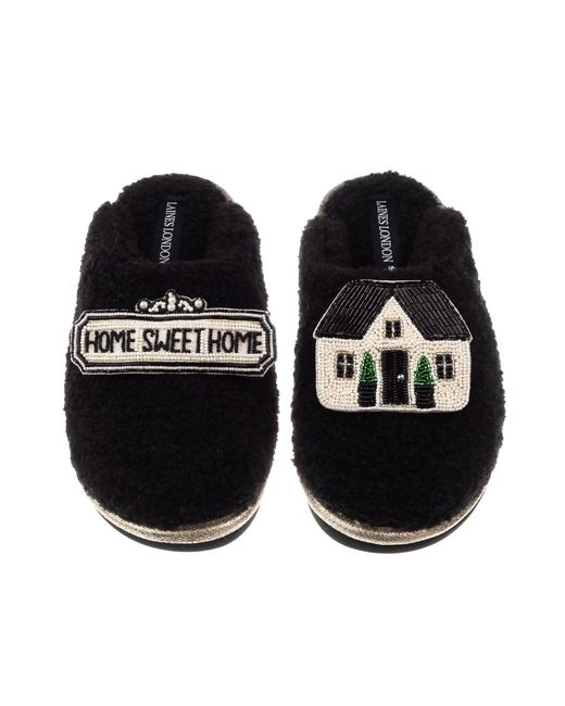 Laines London Black Teddy Closed Toe Slippers With Home Sweet Home Brooches