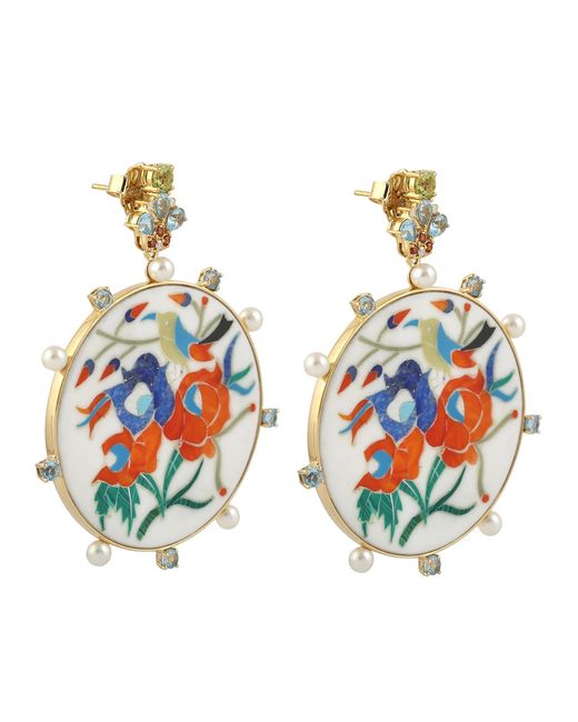 Artisan Blue Floral Inlay Disc Earrings With Multi Gemstones & Pearl