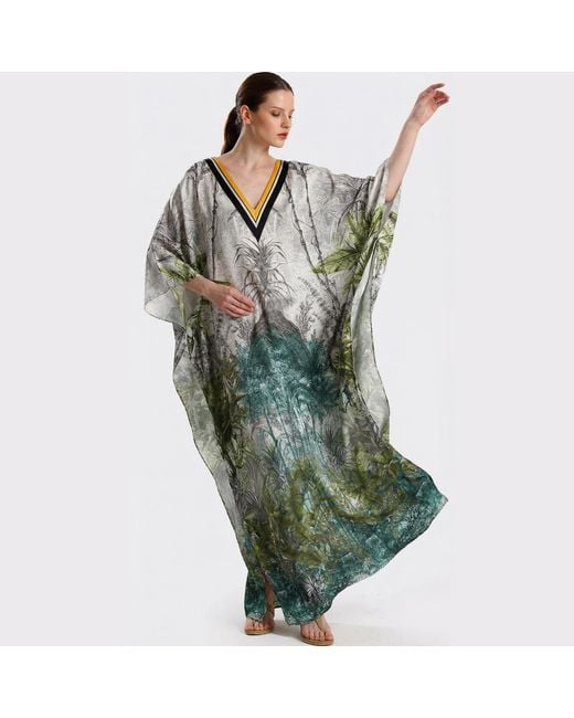 LOVEIST STORE Green Hera Tropical Print Satin Kaftan
