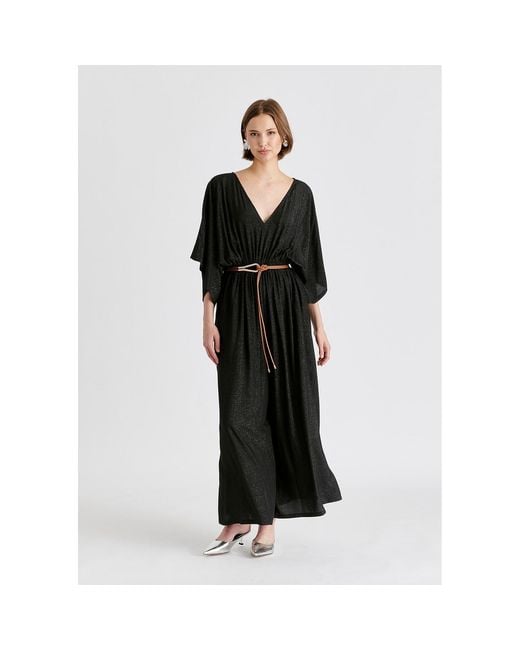 Paisie Black Sparkled Wide Leg Jumpsuit With Belt
