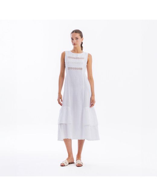 Haris Cotton White Linen Maxi Sleeveless Dress With Lace Trim Details And Ruffles