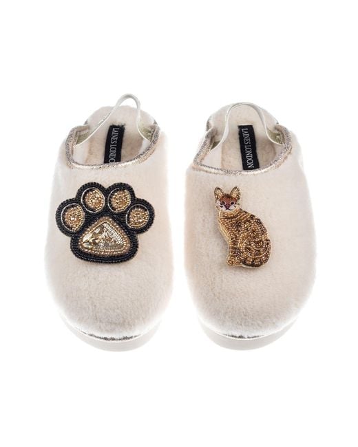 Laines London Multicolor Neutrals Flatform Cloud Slippers With Bengal Cat & Paw Brooches