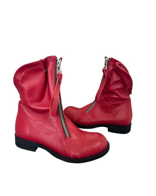 Adrenaline Fashion Red Leather Ankle Boots With Front Zipper Handmade Designer Flat Sole Footwear