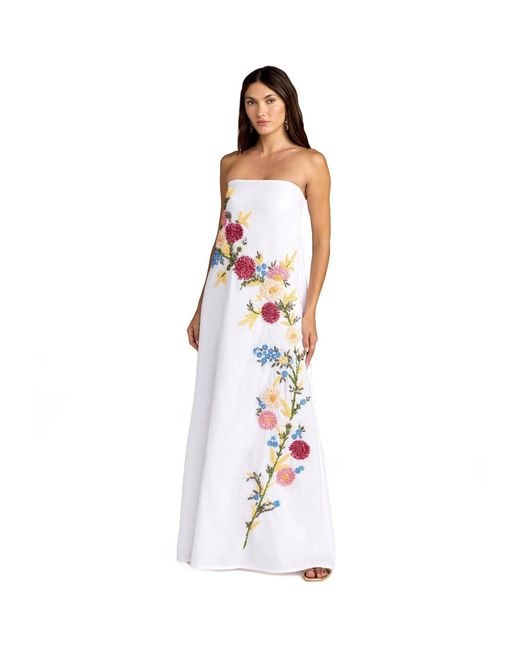 Mac Duggal White Strapless Floral Embroidered Linen Gown
