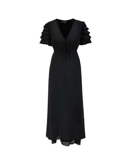 Smart and Joy Black Tiered Frills Shoulder Long Dress
