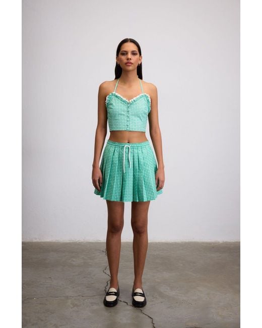 Je Te Veux Green Sweetheart Gingham Pleated Skirt