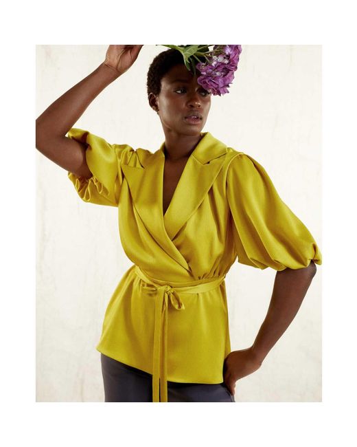 Femponiq Yellow Draped Puff Sleeve Satin Blouse