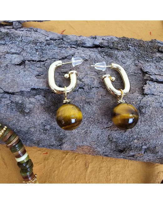 Farra Metallic Tiger-Eye Stone Dangle Modern Hoop Earrings