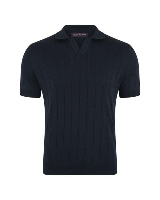 Paul James Knitwear Blue Ultra Fine Cotton Riley Selection Knit Buttonless Polo Shirt for men