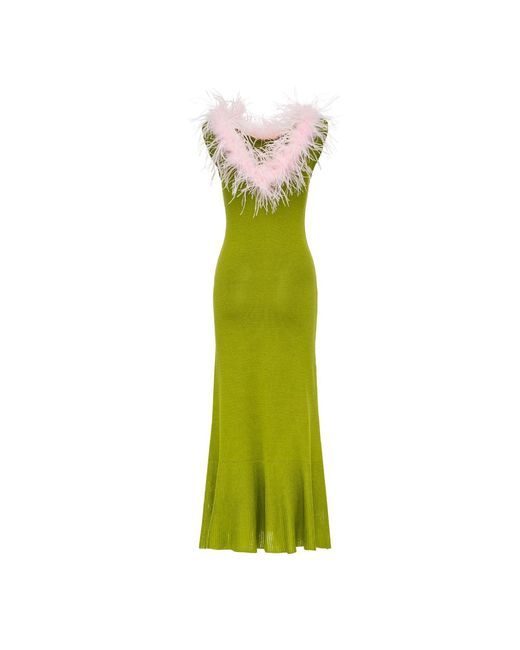Andreeva Green Chrysanthemum Knit Dress With Real Ostrich Feathers Details