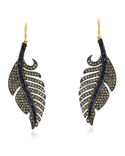 Artisan Black Carved Feather Pave Diamond & Blue Sapphire In 18k Gold With Silver Dangle Earrings