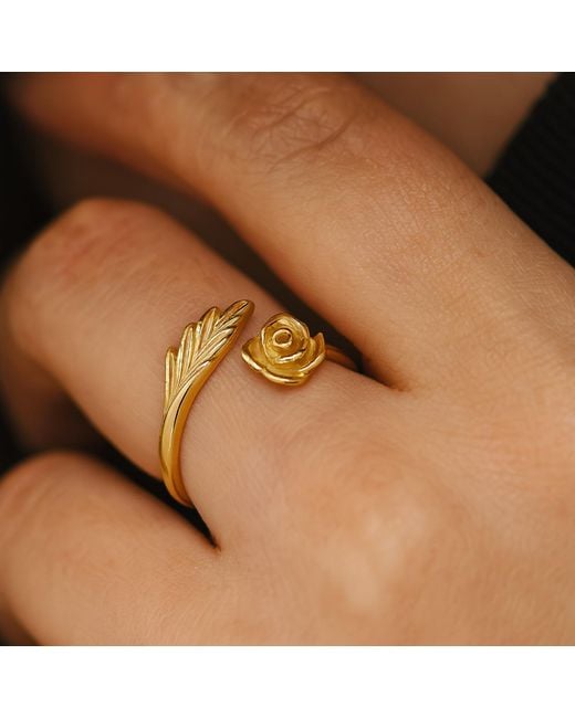 Unaloe Metallic Plated Adjustable Rose & Leaf Ring – Open Floral Wrap Ring For Nature Inspired Statement Jewelry