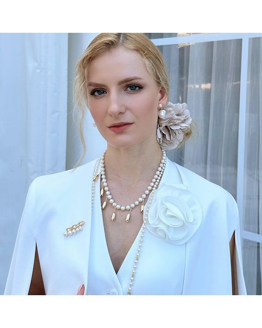 Farra White Freshwater Pearls Flower Metal Charms Statement Necklace