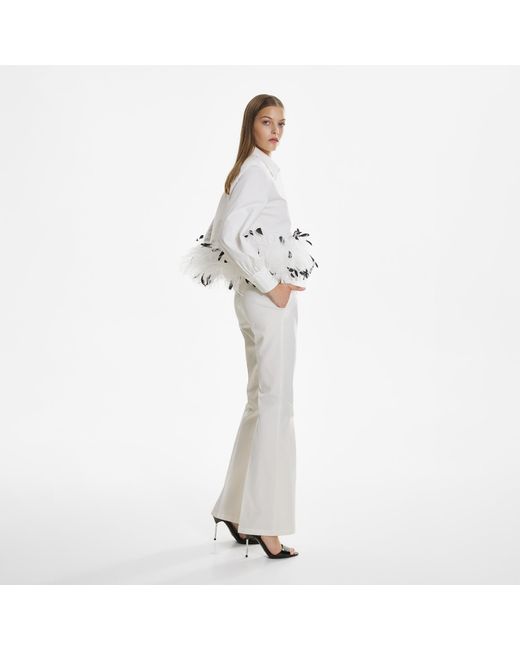 Lita Couture Gray Cropped Feather-Trim Shirt