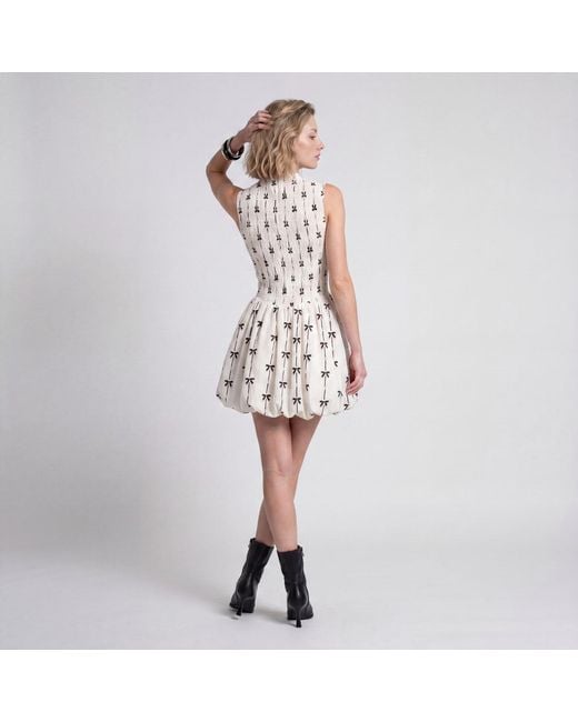 Modenaire White Neutrals Bow Print Mini Dress Sculpted Volume
