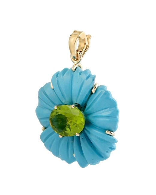 Artisan Blue Carved Turquoise & Oval Shape Peridot With 18k Gold In Tropical Flower Charm Pendant