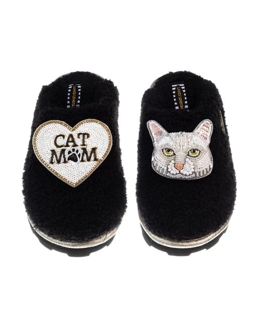 Laines London Black Teddy Closed Toe Slippers With Lily The Domestic Shorthair Cat & Cat Mum Mom Brooches