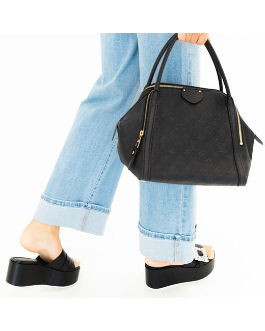 Beautiisoles by Robyn Shreiber Made in Italy Black Dita Leather Comfortable Wedge Sandal Espadrille Slide With Jewelry For Elegant Work & Evening