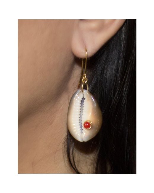 Vintouch Italy Green Pearls & Coral Dark Cowrie Shell Earrings