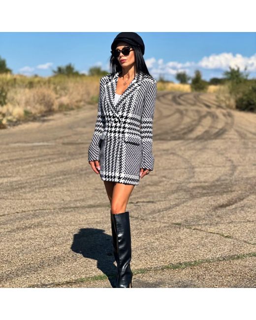 Adrenaline Fashion Blue Houndstooth Wool Coat And Double Breasted Elegant Short Winter Overcoat Designer Outerwear
