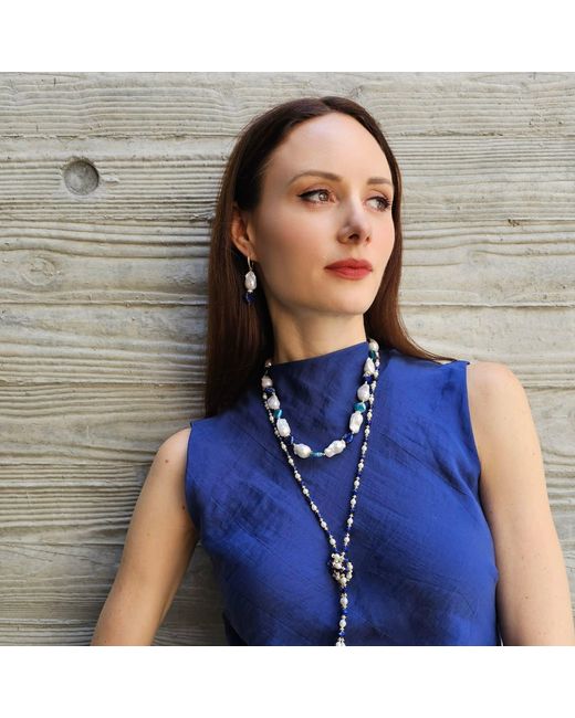 Farra Blue Baroque Pearls With Heart Shaped Lapis And Apatite Dangle Earrings
