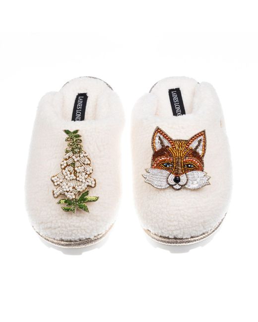 Laines London White Neutrals Teddy Closed Toe Slippers With Fox & Foxglove Brooches