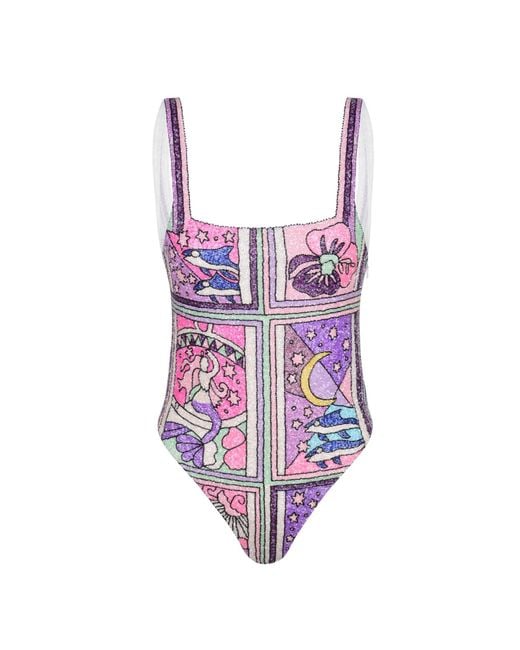 Oceanus Purple Talia Hand Beaded Multi-Coloured Crystal Swimsuit