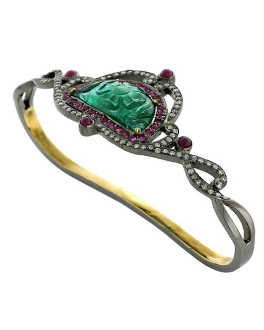 Artisan Green Carved Emerald & Ruby Pave Diamond In 18k Gold With Silver Designer Palm Bracelet