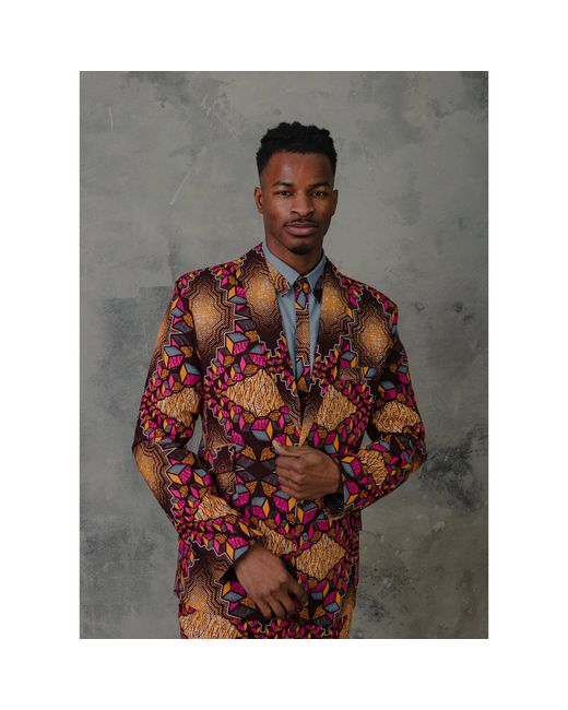 Ohema Ohene Red Joshua African Print Cotton Blazer – Cubic Print for men