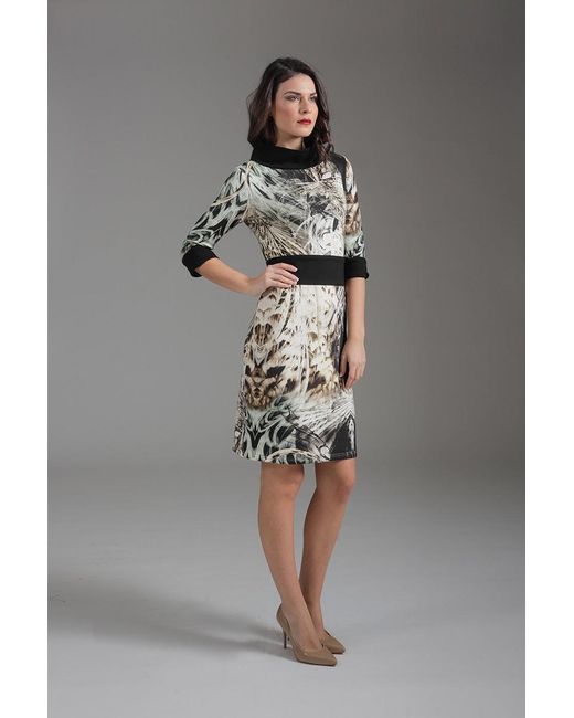 Conquista Black Fitted Punto Di Roma Print Dress With Belt