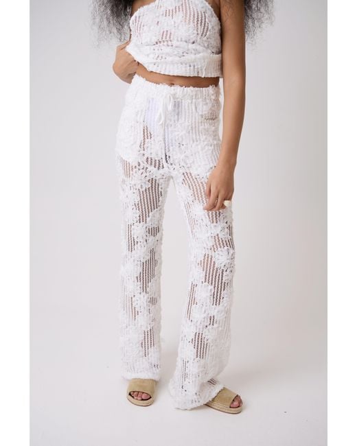 Amy Lynn White Cici Crochet Floral Lace Wide Leg Trouser