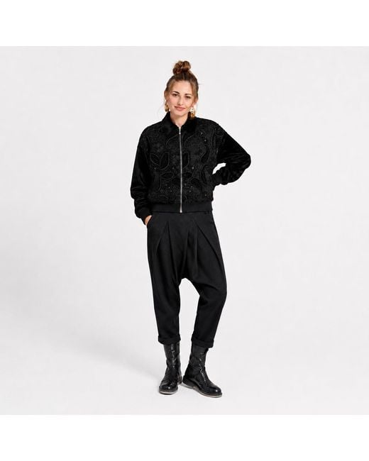 Lalipop Design Black Velvet Embroidered Bomber Jacket